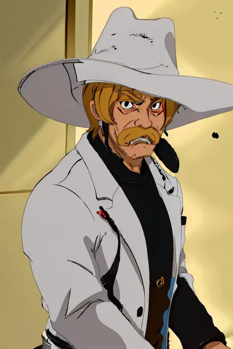 man, <lora:Micah_Bell_LoRA_V0.1:.6>, Micah Bell, cowboy, blonde hair, mustache, villain, evil, sneering, white hat, black leather jacket, <lora:DiscreenVision:1>, masterpiece, best quality, realistic