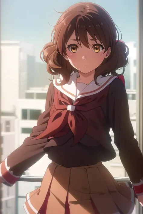 kumikooumae, <lora:kumiko oumae s2-lora-nochekaiser:1>,
kumiko oumae, (brown eyes:1.5), brown hair, short hair, wavy hair,
BREAK skirt, shirt, long sleeves, school uniform, pleated skirt, serafuku, neckerchief, (brown skirt:1.2), white sailor collar, (brown shirt:1.2), kitauji high school uniform, (red neckerchief:1.5),
BREAK indoors, classroom,
BREAK looking at viewer, (cowboy shot:1.5),
BREAK <lyco:GoodHands-beta2:1>, (masterpiece:1.2), best quality, high resolution, unity 8k wallpaper, (illustration:0.8), (beautiful detailed eyes:1.6), extremely detailed face, perfect lighting, extremely detailed CG, (perfect hands, perfect anatomy),