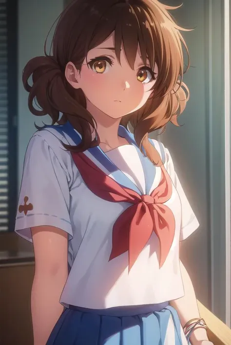 kumikooumae, <lora:kumiko oumae s2-lora-nochekaiser:1>,
kumiko oumae, (brown eyes:1.5), brown hair, short hair, wavy hair,
BREAK skirt, shirt, school uniform, white shirt, short sleeves, pleated skirt, serafuku, sailor collar, blue skirt, neckerchief, red sailor collar, school bag, blue neckerchief, kitauji high school uniform,
BREAK indoors, classroom,
BREAK looking at viewer, (cowboy shot:1.5),
BREAK <lyco:GoodHands-beta2:1>, (masterpiece:1.2), best quality, high resolution, unity 8k wallpaper, (illustration:0.8), (beautiful detailed eyes:1.6), extremely detailed face, perfect lighting, extremely detailed CG, (perfect hands, perfect anatomy),