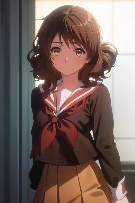 kumikooumae, <lora:kumiko oumae s2-lora-nochekaiser:1>,
kumiko oumae, (brown eyes:1.5), brown hair, short hair, wavy hair,
BREAK skirt, shirt, long sleeves, school uniform, pleated skirt, serafuku, neckerchief, (brown skirt:1.2), white sailor collar, (brown shirt:1.2), kitauji high school uniform, (red neckerchief:1.5),
BREAK indoors, classroom,
BREAK looking at viewer, (cowboy shot:1.5),
BREAK <lyco:GoodHands-beta2:1>, (masterpiece:1.2), best quality, high resolution, unity 8k wallpaper, (illustration:0.8), (beautiful detailed eyes:1.6), extremely detailed face, perfect lighting, extremely detailed CG, (perfect hands, perfect anatomy),