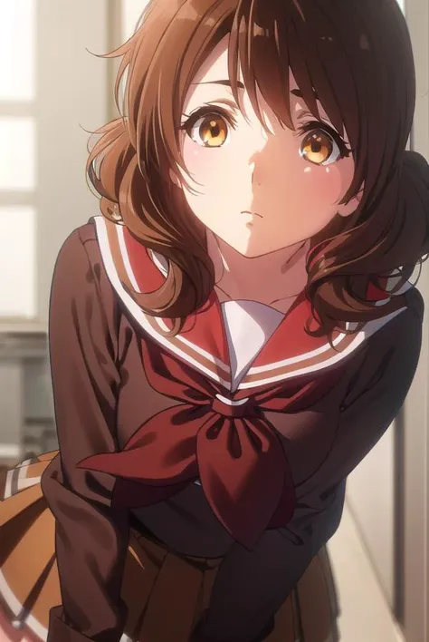 kumikooumae, <lora:kumiko oumae s2-lora-nochekaiser:1>,
kumiko oumae, (brown eyes:1.5), brown hair, short hair, wavy hair,
BREAK skirt, shirt, long sleeves, school uniform, pleated skirt, serafuku, neckerchief, (brown skirt:1.2), white sailor collar, (brown shirt:1.2), kitauji high school uniform, (red neckerchief:1.5),
BREAK indoors, classroom,
BREAK looking at viewer, (cowboy shot:1.5),
BREAK <lyco:GoodHands-beta2:1>, (masterpiece:1.2), best quality, high resolution, unity 8k wallpaper, (illustration:0.8), (beautiful detailed eyes:1.6), extremely detailed face, perfect lighting, extremely detailed CG, (perfect hands, perfect anatomy),
