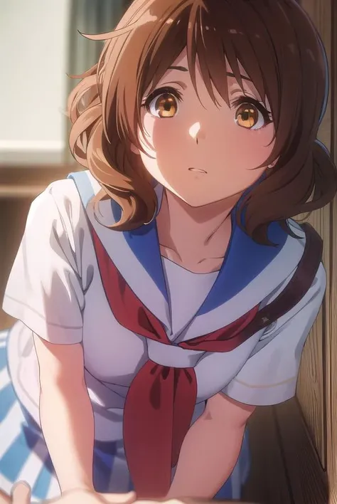 kumikooumae, <lora:kumiko oumae s2-lora-nochekaiser:1>,
kumiko oumae, (brown eyes:1.5), brown hair, short hair, wavy hair,
BREAK skirt, shirt, school uniform, white shirt, short sleeves, pleated skirt, serafuku, sailor collar, blue skirt, neckerchief, red sailor collar, school bag, blue neckerchief, kitauji high school uniform,
BREAK indoors, classroom,
BREAK looking at viewer, (cowboy shot:1.5),
BREAK <lyco:GoodHands-beta2:1>, (masterpiece:1.2), best quality, high resolution, unity 8k wallpaper, (illustration:0.8), (beautiful detailed eyes:1.6), extremely detailed face, perfect lighting, extremely detailed CG, (perfect hands, perfect anatomy),