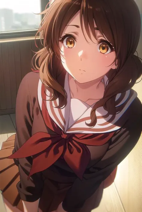 kumikooumae, <lora:kumiko oumae s2-lora-nochekaiser:1>,
kumiko oumae, (brown eyes:1.5), brown hair, short hair, wavy hair,
BREAK skirt, shirt, long sleeves, school uniform, pleated skirt, serafuku, neckerchief, (brown skirt:1.2), white sailor collar, (brown shirt:1.2), kitauji high school uniform, (red neckerchief:1.5),
BREAK indoors, classroom,
BREAK looking at viewer, (cowboy shot:1.5),
BREAK <lyco:GoodHands-beta2:1>, (masterpiece:1.2), best quality, high resolution, unity 8k wallpaper, (illustration:0.8), (beautiful detailed eyes:1.6), extremely detailed face, perfect lighting, extremely detailed CG, (perfect hands, perfect anatomy),