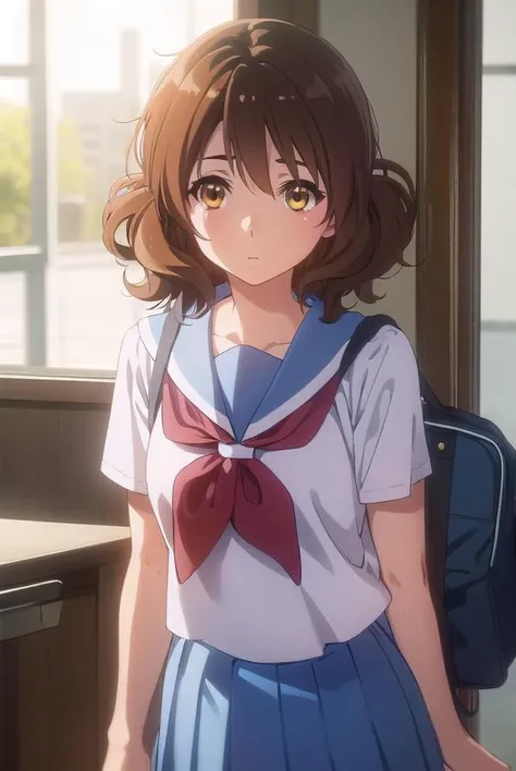 best quality, masterpiece, highres, solo, {oumae_kumiko_soundeuphonium:1.15}, brown_hair, short_hair, brown_eyes, blush, serafuku, bangs, closed_mouth, 1girl, blue_sailor_collar, blurry, blurry_background, kitauji_high_school_uniform, looking_at_viewer, neckerchief, pink_neckerchief, sailor_collar, school_uniform, shirt, white_shirt, short_sleeves, smile, window