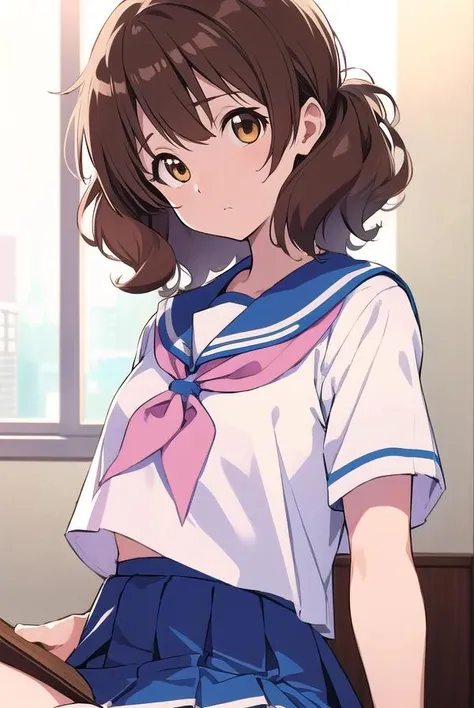 kumikooumae, <lora:kumikooumaetest:1>,
kumiko oumae, (brown eyes:1.5), brown hair, short hair, wavy hair, (flat chest:1.2),
BREAK blue skirt, bracelet, kitauji high school uniform, neckerchief, pink neckerchief, pleated skirt, school uniform, serafuku, shirt, short sleeves, skirt, white shirt,
BREAK looking at viewer,
BREAK indoors, classroom,
BREAK <lora:GoodHands-vanilla:1>, (masterpiece:1.2), best quality, high resolution, unity 8k wallpaper, (illustration:0.8), (beautiful detailed eyes:1.6), extremely detailed face, perfect lighting, extremely detailed CG, (perfect hands, perfect anatomy),