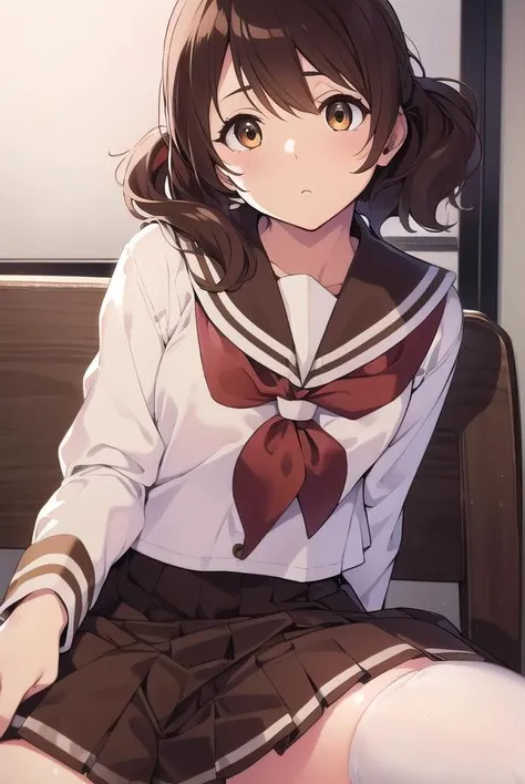 kumikooumae, <lora:kumikooumaetest:1>,
kumiko oumae, (brown eyes:1.5), brown hair, short hair, wavy hair, (flat chest:1.2),
BREAK brown shirt, brown skirt, kitauji high school uniform, long sleeves, neckerchief, pleated skirt, red neckerchief, sailor collar, school uniform, serafuku, shirt, skirt, uniform, white sailor collar,
BREAK looking at viewer,
BREAK indoors, classroom,
BREAK <lora:GoodHands-vanilla:1>, (masterpiece:1.2), best quality, high resolution, unity 8k wallpaper, (illustration:0.8), (beautiful detailed eyes:1.6), extremely detailed face, perfect lighting, extremely detailed CG, (perfect hands, perfect anatomy),