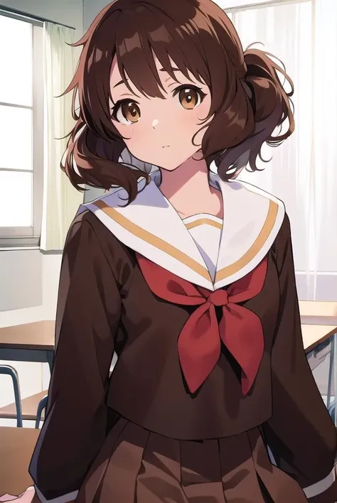 kumikooumae, <lora:kumikooumaetest:1>,
kumiko oumae, (brown eyes:1.5), brown hair, short hair, wavy hair, (flat chest:1.2),
BREAK brown shirt, brown skirt, kitauji high school uniform, long sleeves, neckerchief, pleated skirt, red neckerchief, sailor collar, school uniform, serafuku, shirt, skirt, uniform, white sailor collar,
BREAK looking at viewer,
BREAK indoors, classroom,
BREAK <lora:GoodHands-vanilla:1>, (masterpiece:1.2), best quality, high resolution, unity 8k wallpaper, (illustration:0.8), (beautiful detailed eyes:1.6), extremely detailed face, perfect lighting, extremely detailed CG, (perfect hands, perfect anatomy),