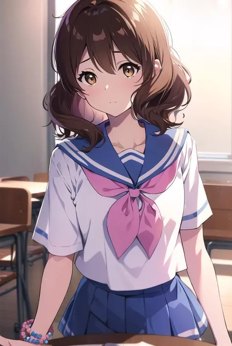 kumikooumae, <lora:kumikooumaetest:1>,
kumiko oumae, (brown eyes:1.5), brown hair, short hair, wavy hair, (flat chest:1.2),
BREAK blue skirt, bracelet, kitauji high school uniform, neckerchief, pink neckerchief, pleated skirt, school uniform, serafuku, shirt, short sleeves, skirt, white shirt,
BREAK looking at viewer,
BREAK indoors, classroom,
BREAK <lora:GoodHands-vanilla:1>, (masterpiece:1.2), best quality, high resolution, unity 8k wallpaper, (illustration:0.8), (beautiful detailed eyes:1.6), extremely detailed face, perfect lighting, extremely detailed CG, (perfect hands, perfect anatomy),