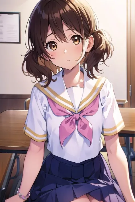 kumikooumae, <lora:kumikooumaetest:1>,
kumiko oumae, (brown eyes:1.5), brown hair, short hair, wavy hair, (flat chest:1.2),
BREAK blue skirt, bracelet, kitauji high school uniform, neckerchief, pink neckerchief, pleated skirt, school uniform, serafuku, shirt, short sleeves, skirt, white shirt,
BREAK looking at viewer,
BREAK indoors, classroom,
BREAK <lora:GoodHands-vanilla:1>, (masterpiece:1.2), best quality, high resolution, unity 8k wallpaper, (illustration:0.8), (beautiful detailed eyes:1.6), extremely detailed face, perfect lighting, extremely detailed CG, (perfect hands, perfect anatomy),
