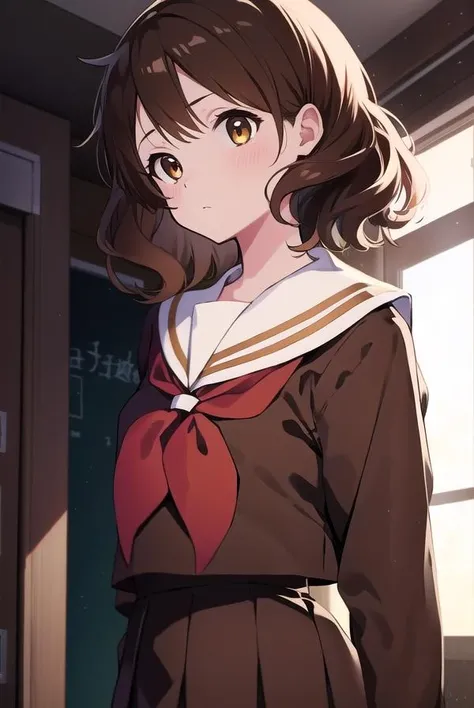 kumikooumae, <lora:kumikooumaetest:1>,
kumiko oumae, (brown eyes:1.5), brown hair, short hair, wavy hair, (flat chest:1.2),
BREAK brown shirt, brown skirt, kitauji high school uniform, long sleeves, neckerchief, pleated skirt, red neckerchief, sailor collar, school uniform, serafuku, shirt, skirt, uniform, white sailor collar,
BREAK looking at viewer,
BREAK indoors, classroom,
BREAK <lora:GoodHands-vanilla:1>, (masterpiece:1.2), best quality, high resolution, unity 8k wallpaper, (illustration:0.8), (beautiful detailed eyes:1.6), extremely detailed face, perfect lighting, extremely detailed CG, (perfect hands, perfect anatomy),