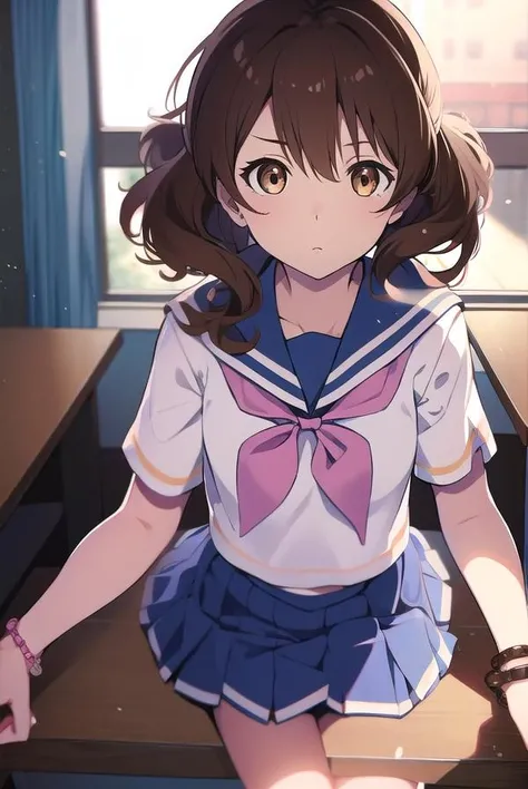 kumikooumae, <lora:kumikooumaetest:1>,
kumiko oumae, (brown eyes:1.5), brown hair, short hair, wavy hair, (flat chest:1.2),
BREAK blue skirt, bracelet, kitauji high school uniform, neckerchief, pink neckerchief, pleated skirt, school uniform, serafuku, shirt, short sleeves, skirt, white shirt,
BREAK looking at viewer,
BREAK indoors, classroom,
BREAK <lora:GoodHands-vanilla:1>, (masterpiece:1.2), best quality, high resolution, unity 8k wallpaper, (illustration:0.8), (beautiful detailed eyes:1.6), extremely detailed face, perfect lighting, extremely detailed CG, (perfect hands, perfect anatomy),