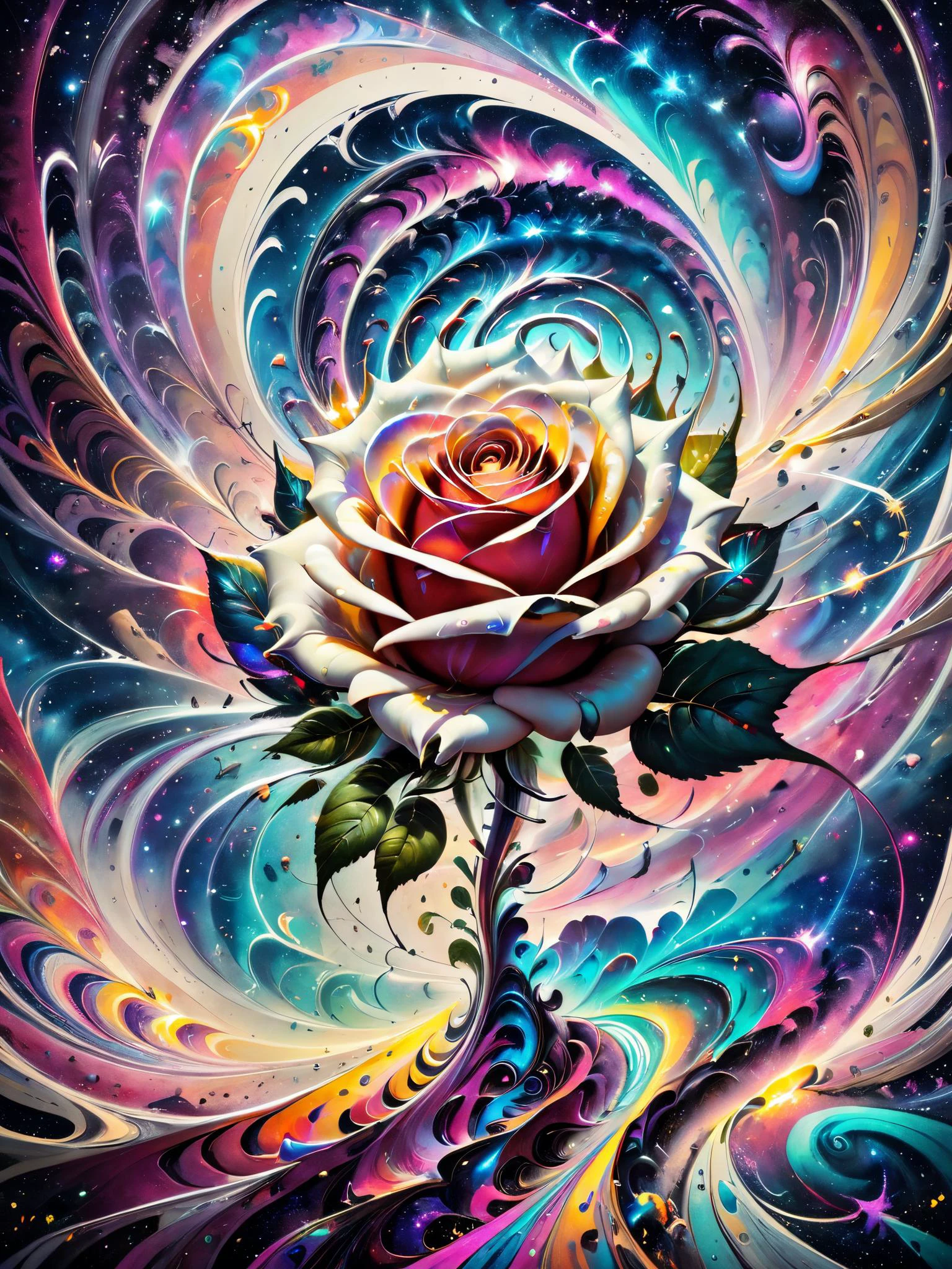 canvas of enigmatic figures and shapes, surreal visuals of swirling emotions, spiraling vortex drawing everything to oblivion, bending of space and time, arrangement into budding rose,
surrealistic, hyper realistic, unimaginable, intricate details, details within details, fractal, hyper detailed,
brush strokes, artistic, colorful, contrasting colors, photorealistic,
<lora:Stardust-XL:0.8>, cosmological, galactic, space, stellar, <lora:ColorART:0.8> ColorART, colorful