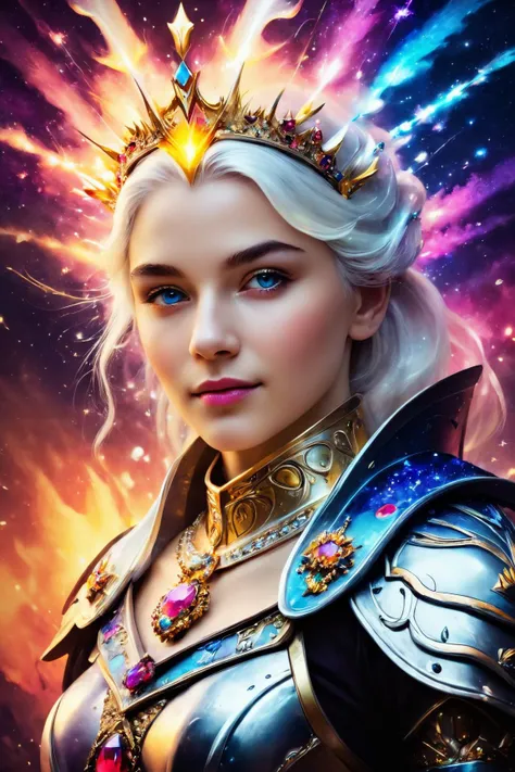 (masterpiece, detailed:1.3), (vivid colors:1.4) , realistic, <lora:add_detail:1>, (depth of field:1.2), (colorful:1.2), (1girl, knight female:1.2), 20 yo. queen, perfect face, tiara, axe, wise, blue eyes, white hair, pearl white shiny armor , fade with sideburns, big breasts, smile , <lora:StarDust-XL:0.9>, shadowy dark altar in background, dark color scheme, starry night sky, echoing whispers, ethereal atmosphere, symmetry, splashing, abstract,(psychedelic:0.8), extremely high-resolution details and background, fine texture, incredibly lifelike <lora:Stardust-XL:1>, (upper body:1.4), super nova background, multicolor, starlet, start dust, (gold dust explosion:1.3), light halo on head, fire, colorful flames, jewelry, gold, diamond, ruby, emerald