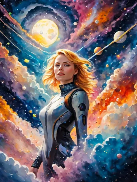 painting of 18 yo (Malin Akerman:0.5) (Scarlett Johansson:0.4),  <lora:Stardust-XL:0.7>, (planets, moon, clouds, galaxy, best quality, splashing, abstract,psychedelic:0.8), (freckles:0.9), extremely high-resolution details and background,  fine texture, incredibly lifelike
