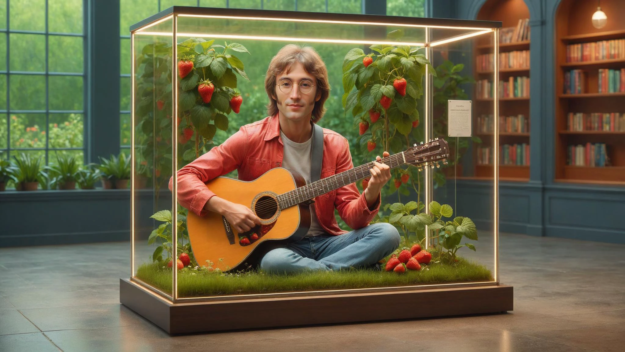 lifelike portrait of John Lennonplaying acoustic guitar, set against the backdrop of a lush strawberry field. Capture his iconic look with expressive eyes, charming smile, and effortless coolness inside display case <lora:DisplayCaseXL:0.8>, library background