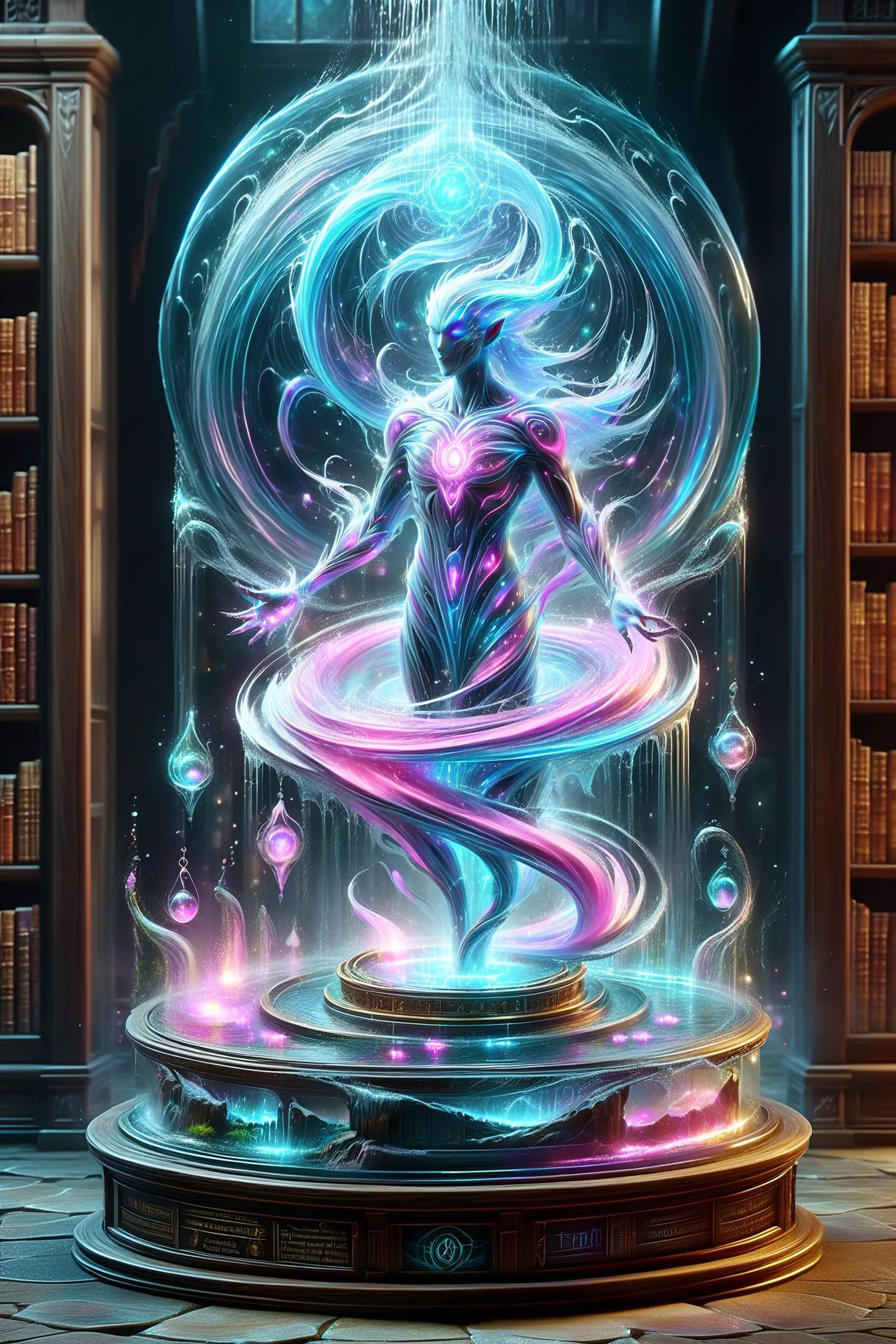 magic circle creating a round translucent arcane force field of a water elemental in a wizard alchemy lab with potions and books and magical items<lora:DisplayCaseXL:0.8> display case <lora:DonM3l3m3nt4lXL:1> DonM3l3m3nt4lXL, (masterpiece:1.2), best quality, (hyperdetailed, highest detailed:1.2), high resolution textures, <lora:EnvyBetterHiresFixXL01:1>
