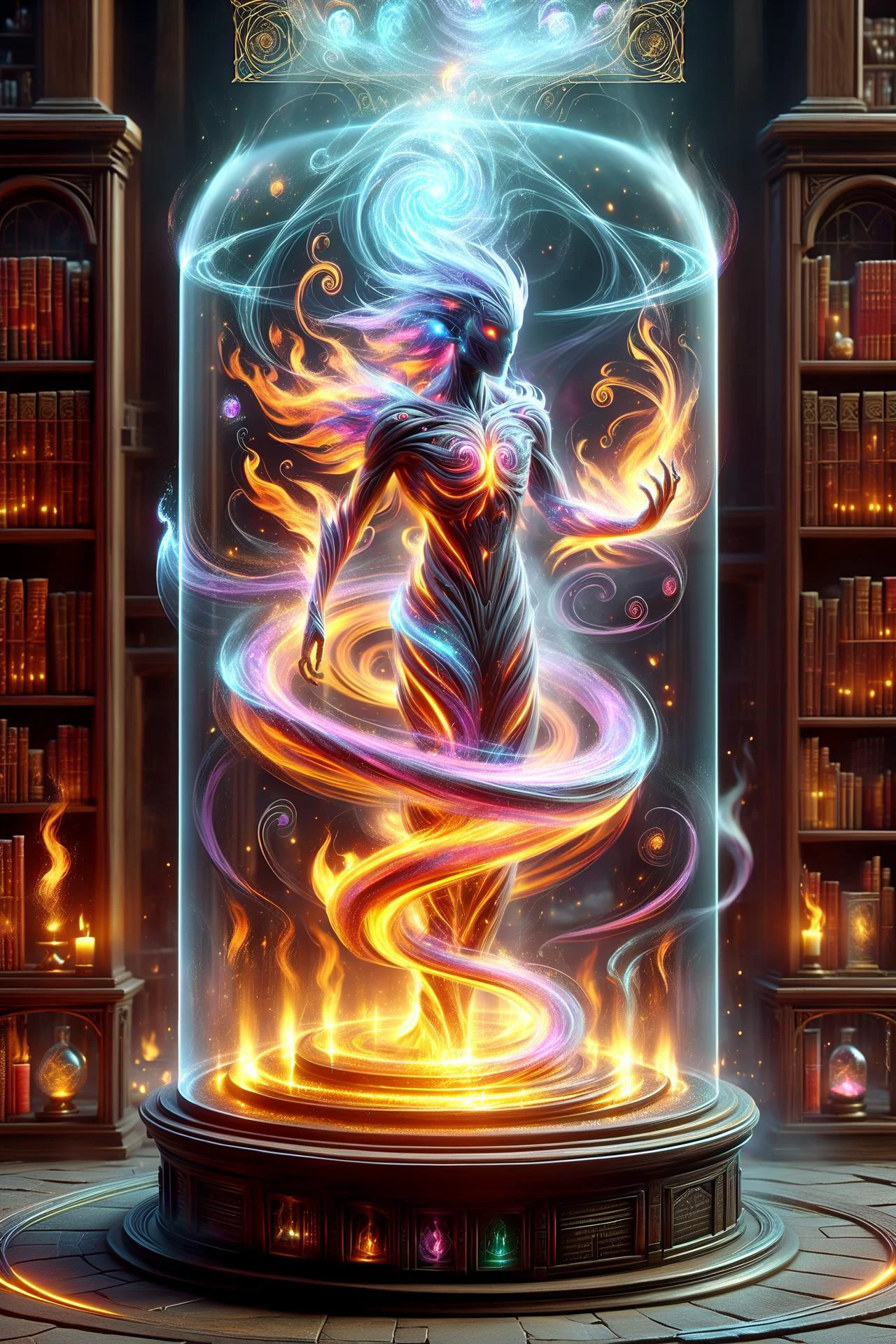 magic circle creating a round translucent arcane force field of a fire elemental in a wizard alchemy lab with potions and books and magical items<lora:DisplayCaseXL:0.8> display case <lora:DonM3l3m3nt4lXL:1> DonM3l3m3nt4lXL, (masterpiece:1.2), best quality, (hyperdetailed, highest detailed:1.2), high resolution textures, <lora:EnvyBetterHiresFixXL01:1>