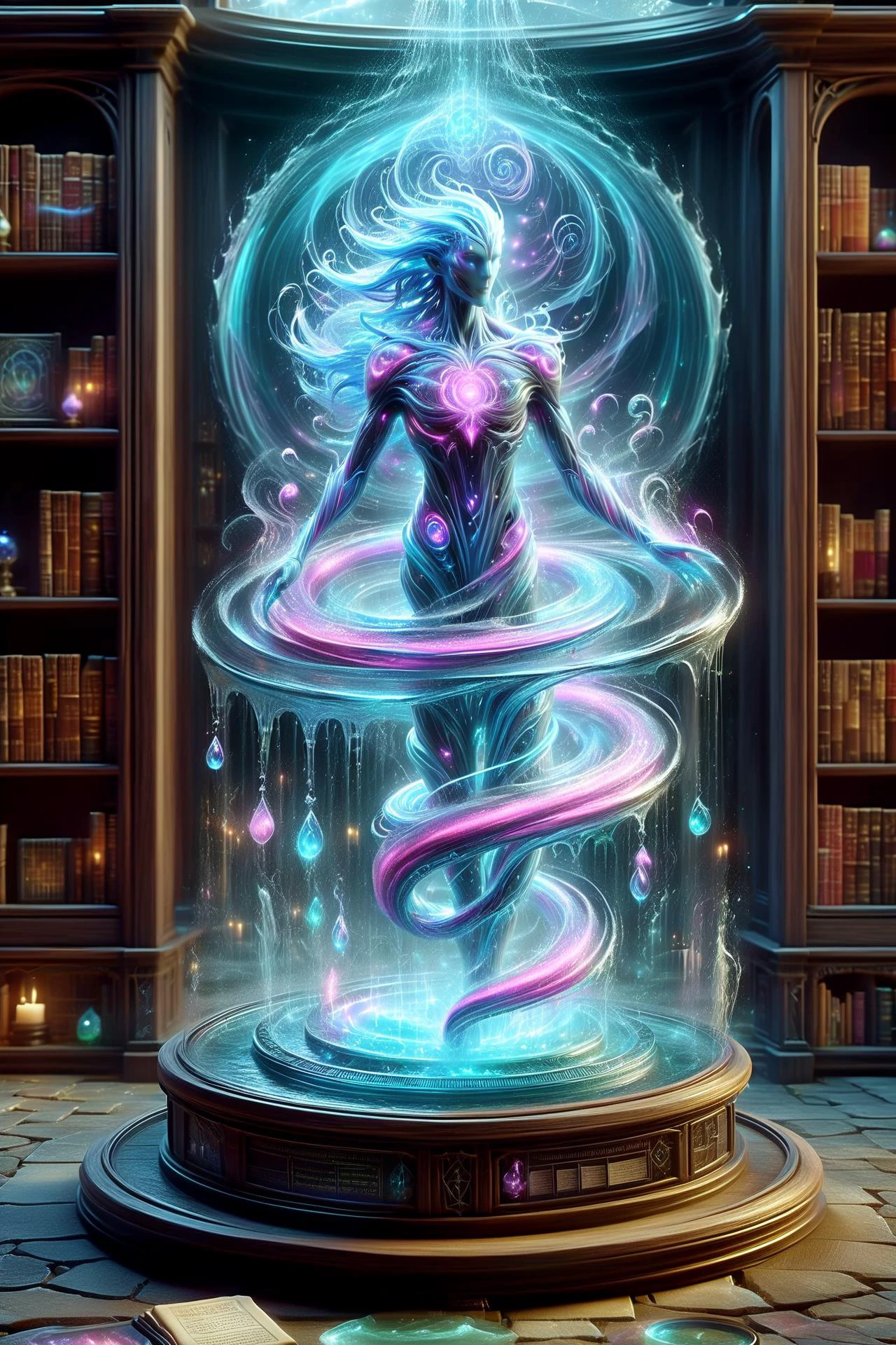 magic circle creating a round translucent arcane force field of a water elemental in a wizard alchemy lab with potions and books and magical items<lora:DisplayCaseXL:0.8> display case <lora:DonM3l3m3nt4lXL:1> DonM3l3m3nt4lXL, (masterpiece:1.2), best quality, (hyperdetailed, highest detailed:1.2), high resolution textures, <lora:EnvyBetterHiresFixXL01:1>