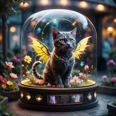 Close shot of fantasy animal named "cat-bee"staring at viewer,surprised,half cat,half bee,bright flower bed out of focus background,depth of field,bokeh,<lora:glowneon_xl_v1:0.5>,glowing,lightning,<lora:DisplayCaseXL:0.9>,display case,bee wings,yellow and black stripes, high resolution,extreme detail