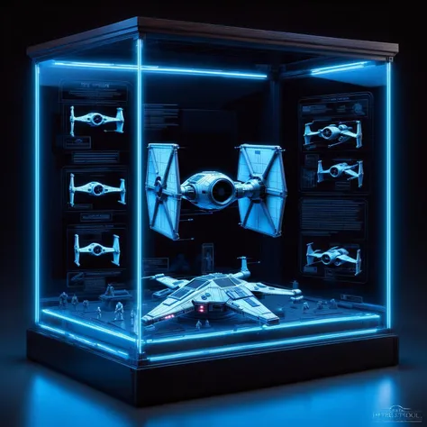 glowing blue 3d wireframe of the tie figther in a round display case, star wars <lora:DisplayCaseXL:0.6> <lora:EnvyScifiWireframeXL01:0.8>, (masterpiece:1.2), best quality, (hyperdetailed, highest detailed:1.2), high resolution textures, <lora:EnvyBetterHiresFixXL01:1>