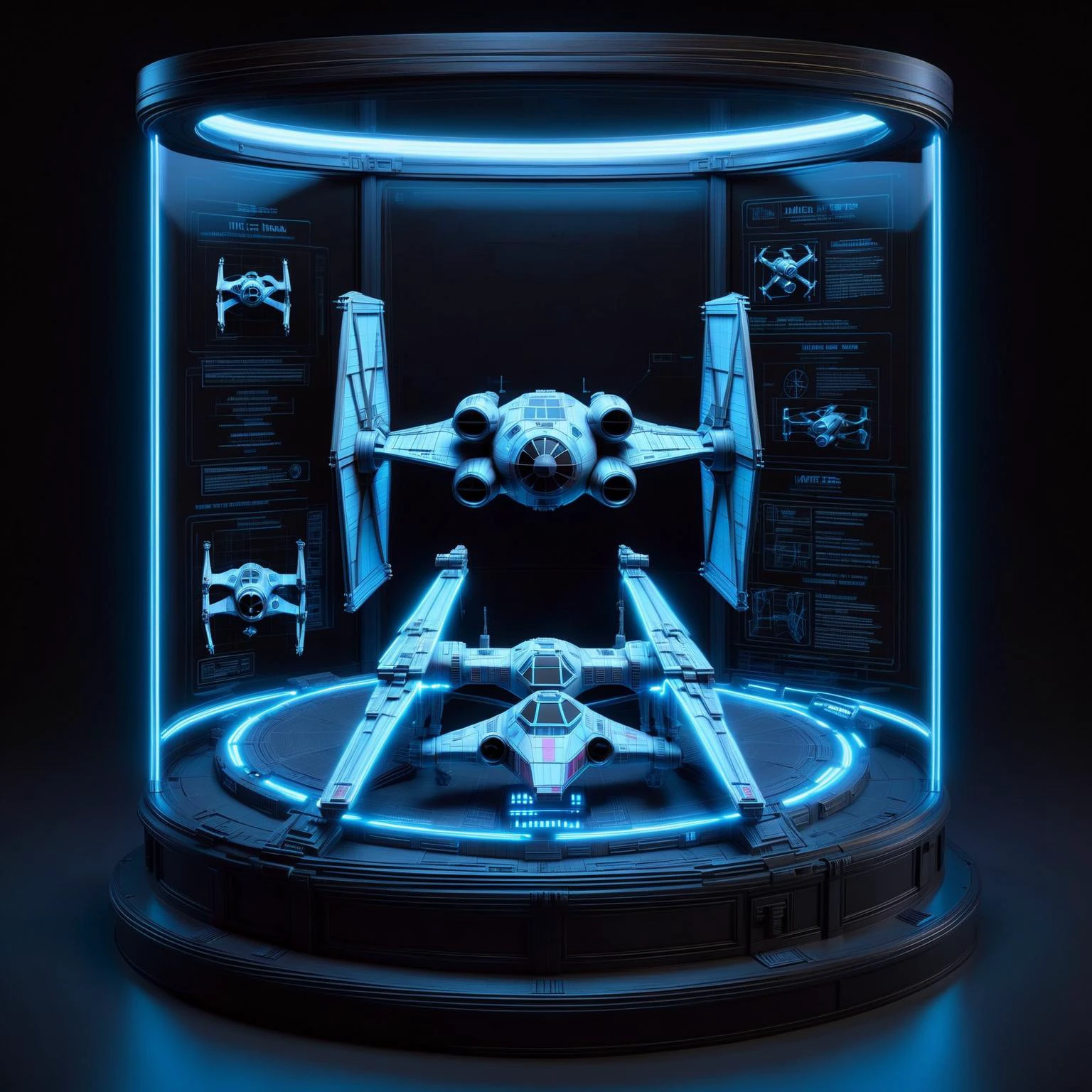 glowing blue 3d wireframe of the tie figther in a round display case, star wars <lora:DisplayCaseXL:0.6> <lora:EnvyScifiWireframeXL01:0.8>, (masterpiece:1.2), best quality, (hyperdetailed, highest detailed:1.2), high resolution textures, <lora:EnvyBetterHiresFixXL01:1>