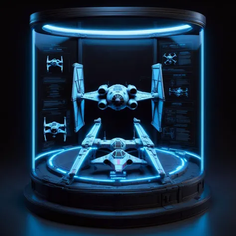 glowing blue 3d wireframe of the tie figther in a round display case, star wars <lora:DisplayCaseXL:0.6> <lora:EnvyScifiWireframeXL01:0.8>, (masterpiece:1.2), best quality, (hyperdetailed, highest detailed:1.2), high resolution textures, <lora:EnvyBetterHiresFixXL01:1>