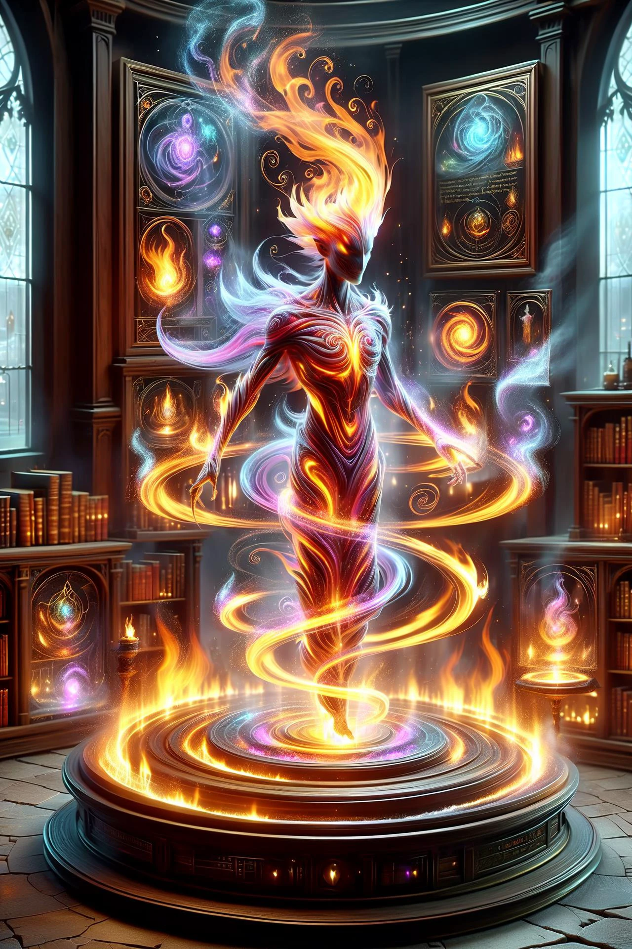 magic circle creating a round translucent arcane force field of a fire elemental in a wizard alchemy lab with potions and books and magical items<lora:DisplayCaseXL:0.8> display case <lora:DonM3l3m3nt4lXL:1> DonM3l3m3nt4lXL, (masterpiece:1.2), best quality, (hyperdetailed, highest detailed:1.2), high resolution textures, <lora:EnvyBetterHiresFixXL01:1>
