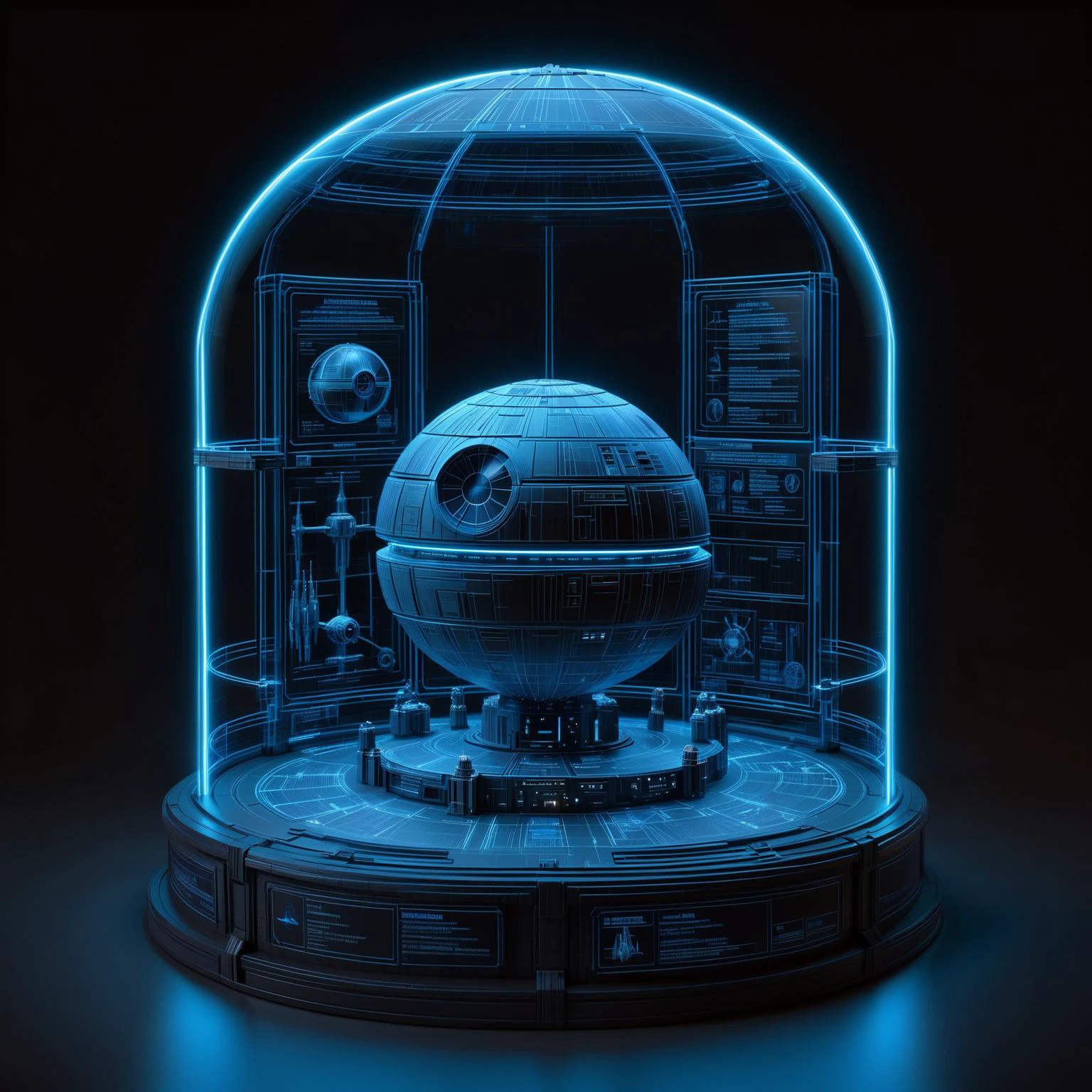 glowing blue 3d wireframe of the death star in a round display case, starwars <lora:DisplayCaseXL:0.6> <lora:EnvyScifiWireframeXL01:0.8>, (masterpiece:1.2), best quality, (hyperdetailed, highest detailed:1.2), high resolution textures, <lora:EnvyBetterHiresFixXL01:1>