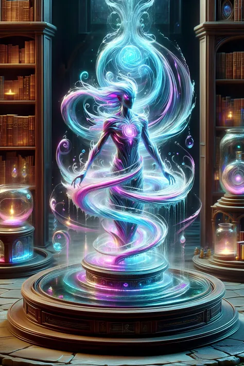 magic circle creating a round translucent arcane force field of a water elemental in a wizard alchemy lab with potions and books and magical items<lora:DisplayCaseXL:0.8> display case  <lora:DonM3l3m3nt4lXL:1> DonM3l3m3nt4lXL, (masterpiece:1.2), best quality, (hyperdetailed, highest detailed:1.2), high resolution textures, <lora:EnvyBetterHiresFixXL01:1>