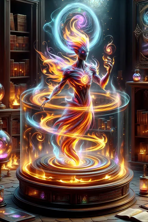 magic circle creating a round translucent arcane force field of a fire elemental in a wizard alchemy lab with potions and books and magical items<lora:DisplayCaseXL:0.8> display case  <lora:DonM3l3m3nt4lXL:1> DonM3l3m3nt4lXL, (masterpiece:1.2), best quality, (hyperdetailed, highest detailed:1.2), high resolution textures, <lora:EnvyBetterHiresFixXL01:1>