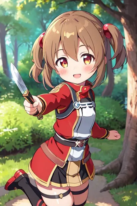 masterpiece, best quality, highres,1girl,petite,brown hair , <lora:Silica_SAO:0.7>,Silica_SAO,forest,blush,dynamic pose,stylish angle,knife,smile,tiny blue dragon
