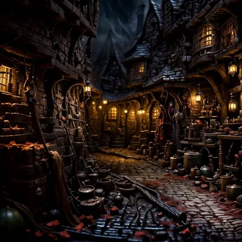 (masterpiece:1.2), (best quality,:1.2), 8k, HDR, ultra detailed, ((photorealistic)), perfect anatomy, professional light, cinematic lighting, fashion photography, ambient lighting,<lora:detail_slider_v4:3>, a realistic medieval alley, dark, sinister, (narrow), DarkFantasy, <lora:FantasySettlement-10:1>, epiCPhoto