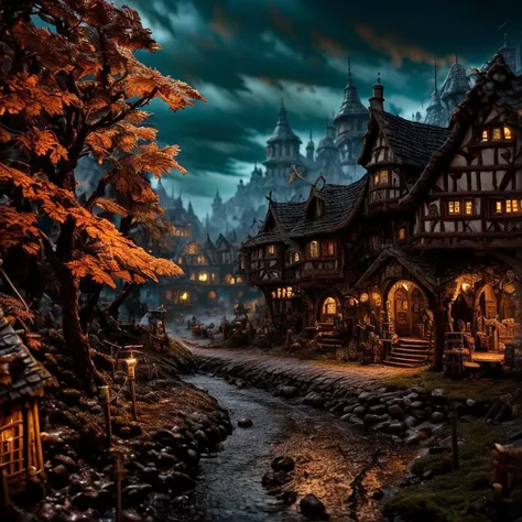 (masterpiece:1.2), (best quality,:1.2), 8k, HDR, ultra detailed, ((photorealistic)), perfect anatomy, professional light, cinematic lighting, fashion photography, ambient lighting,<lora:detail_slider_v4:3>, a realistic small medieval village, DarkFantasy, <lora:FantasySettlement-10:1>, epiCPhoto