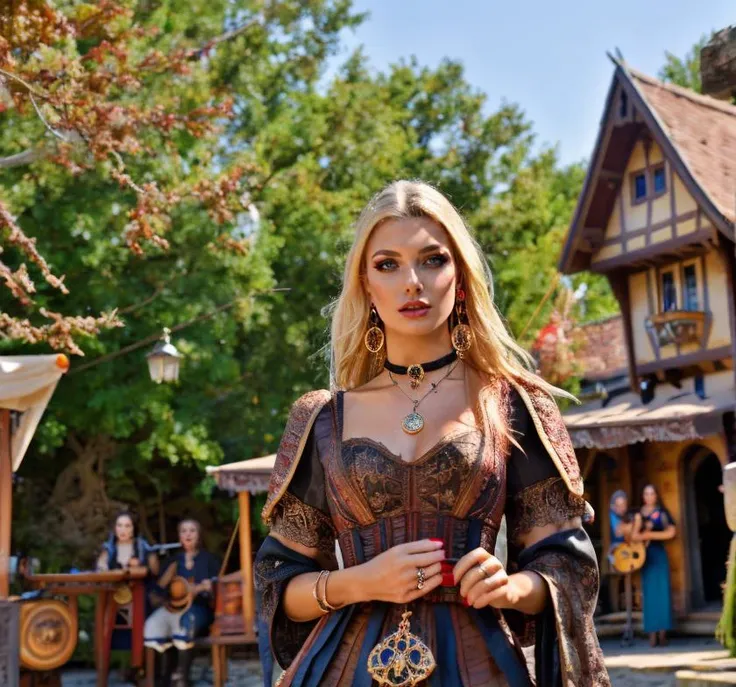 (masterpiece:1.2), (best quality,:1.2), 8k, HDR, ultra detailed, ((photorealistic)), professional light, cinematic lighting, fashion photography, ambient lighting, face lighting, Brittany, <lora:Brittany-10:1>, earrings, choker, dark makeup, long and wild and messy hair, ((upper body shot)), dynamic pose, looking at viewer, as a female bard, wearing intricate edgFD, fantasy_dress, <lora:detail_slider_v4:3>, standing in a small fantasy medieval village square and singing to an audience, FanSe, <lora:FantasySettlement-10:0.7>, <lora:edgFantasy_Dress:0.7>, epiCPhoto