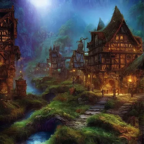 (masterpiece:1.2), (best quality,:1.2), 8k, HDR, ultra detailed, ((photorealistic)), professional light, cinematic lighting, fashion photography, ambient lighting,<lora:detail_slider_v4:2.5>, a small medieval fantasy village at a river, FanSe, DarkFantasy, <lora:FantasySettlement-10:1>, lepiCPhoto