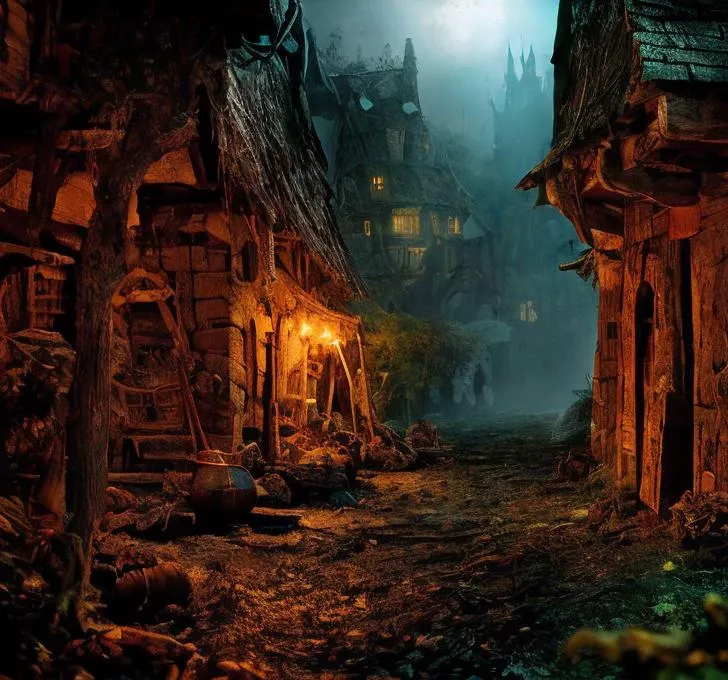 (masterpiece:1.2), (best quality,:1.2), 8k, HDR, ultra detailed, ((photorealistic)), perfect anatomy, professional light, cinematic lighting, fashion photography, ambient lighting,<lora:detail_slider_v4:3>, a small medieval fantasy settlement, sinister, dark, grim, <lora:FantasySettlement-10:1>, epiCPhoto