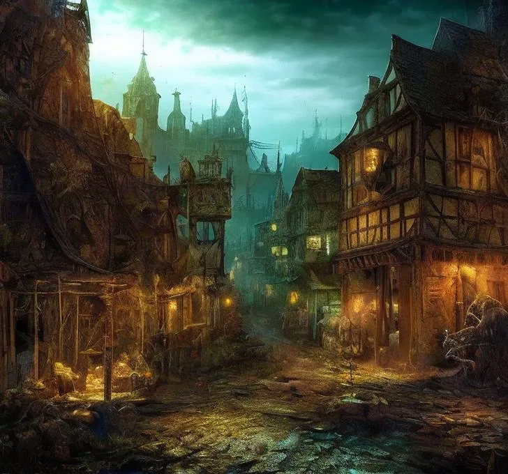 (masterpiece:1.2), (best quality,:1.2), 8k, HDR, ultra detailed, ((photorealistic)), perfect anatomy, professional light, cinematic lighting, fashion photography, ambient lighting,<lora:detail_slider_v4:3>, a realistic medieval fantasy town, daytime, sinister mood, DarkFantasy, <lora:FantasySettlement-10:1>, epiCPhoto