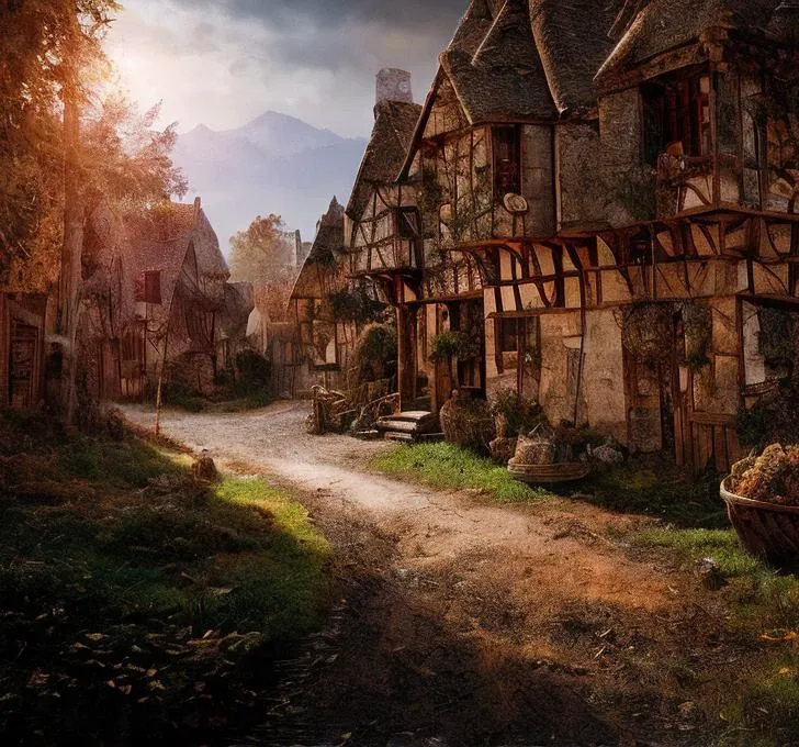 (masterpiece:1.2), (best quality,:1.2), 8k, HDR, ultra detailed, ((photorealistic)), perfect anatomy, professional light, cinematic lighting, fashion photography, ambient lighting,<lora:detail_slider_v4:3>, a grim medieval village, (daytime), <lora:FantasySettlement-10:1>, epiCPhoto