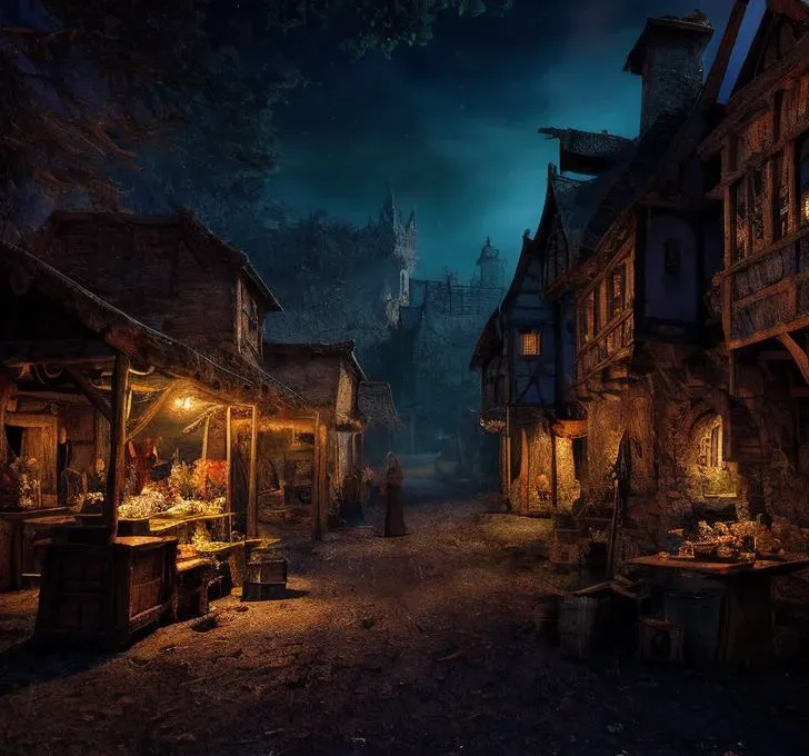 (masterpiece:1.2), (best quality,:1.2), 8k, HDR, ultra detailed, ((photorealistic)), perfect anatomy, professional light, cinematic lighting, fashion photography, ambient lighting,<lora:detail_slider_v4:3>, a medieval fantasy marketplace, old houses, dark and sinister mood, <lora:FantasySettlement-10:1>, epiCPhoto