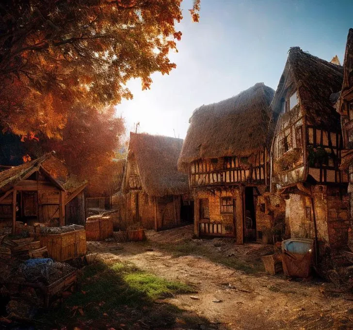 (masterpiece:1.2), (best quality,:1.2), 8k, HDR, ultra detailed, ((photorealistic)), perfect anatomy, professional light, cinematic lighting, fashion photography, ambient lighting,<lora:detail_slider_v4:3>, a grim medieval village, (daytime), <lora:FantasySettlement-10:1>, epiCPhoto