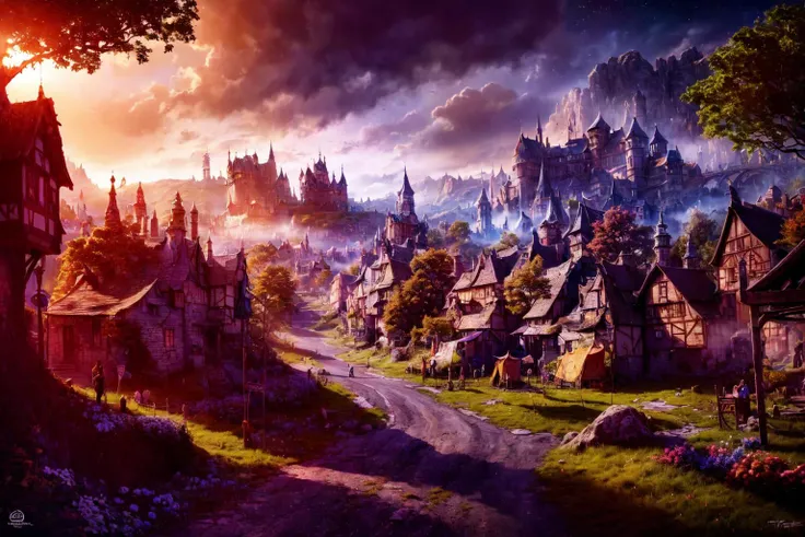 <lora:FantasySettlement:1> , FanSe, medieval fantasy settlement, sinister, dark, grim, sky ,day , flower , trees, rock road, festival , countryside, cloud, sunny,
(masterpiece:1.2), (best quality,:1.2), 8k, HDR, ultra detailed, ((photorealistic)), professional light, cinematic lighting, fashion photography, ambient lighting, fantasy,