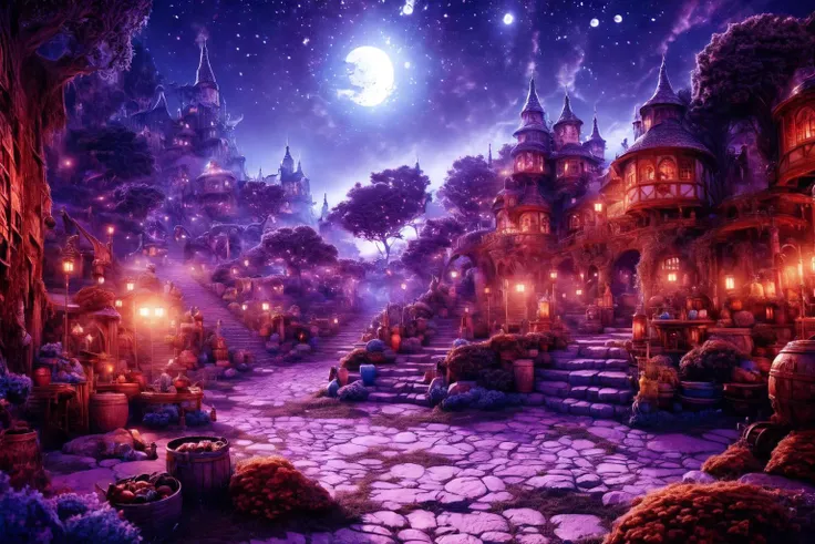 <lora:FantasySettlement:1> , FanSe, medieval fantasy settlement, Lively, starry sky , flower , trees, rock road, festival , countryside, cloud, night:1.1, , inn , crystal castle on hill, big town, wall settlement, on view, eagle eye view,
(masterpiece:1.2), (best quality,:1.2), 8k, HDR, ultra detailed, ((photorealistic)), professional light, cinematic lighting, fashion photography, ambient lighting, fantasy,
<lora:Night scene_20230715120543:0.65>, cozy , full moon , <lora:Fantasy Settlements v1.1:1>