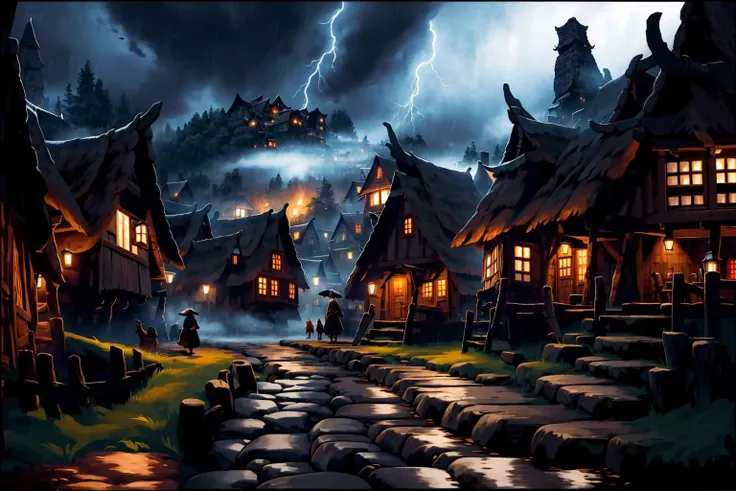 wide angle, dark of night, late, very dark sky, very dark streets, <lora:FantasySettlement-10:0.8> fanse, small city, wooden buildings, thatched roofs, cobblestone street, lightening in the sky, hard rain, people walking the street, bright colors, deep colors, dark fantasy, in the style of caffenol, smoke rising from chimneys, <lora:xl_more_art-full_v1:1>