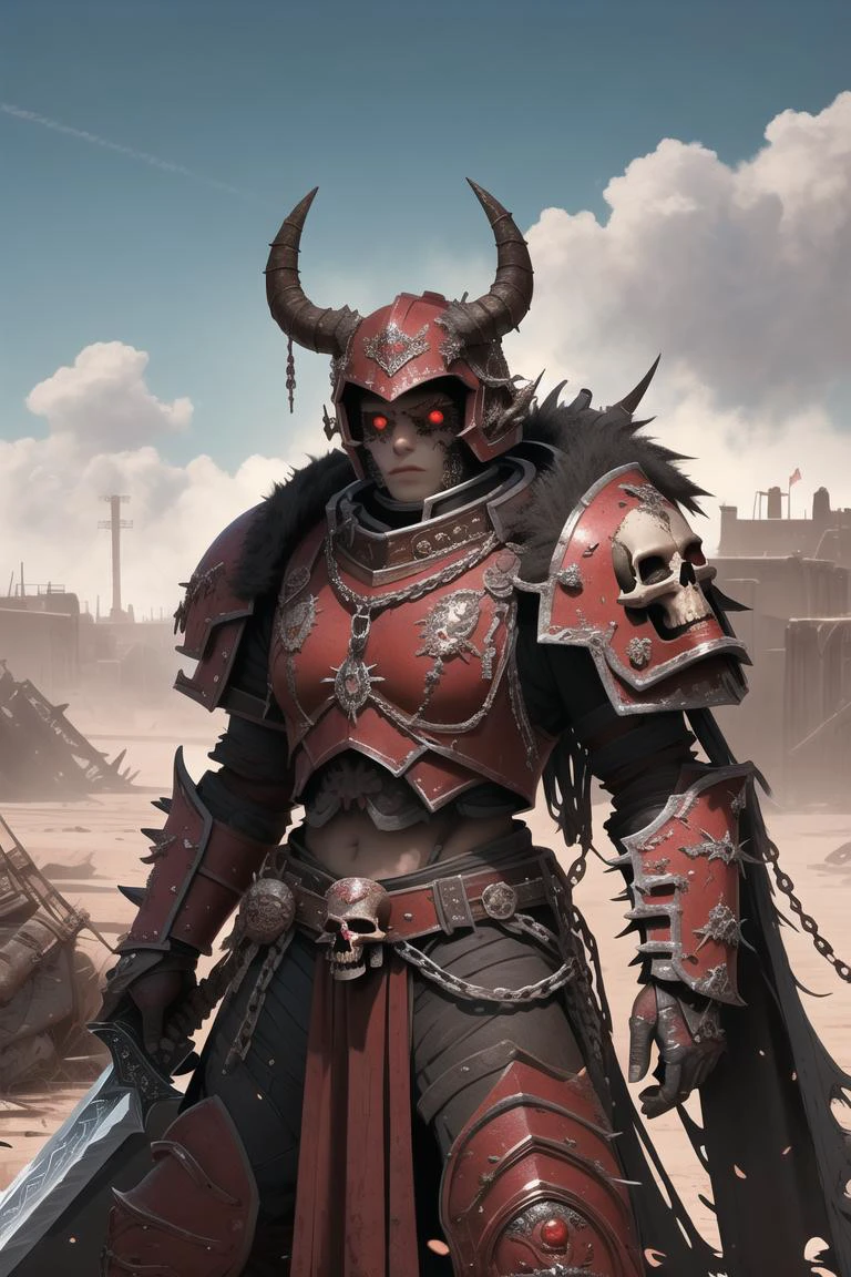 1boy, man, (masterpiece:1.2), (best quality:1.2), extremely detailed, highres, khorne, red armor, full armor, skull, <lora:khorne:1>, spiked armor, chain, helm, helmet, horned helmet, pauldrons, sword, torn cape, gauntlets, black fur, plate armor, glowing eyes, red eyes, wasteland, dessert