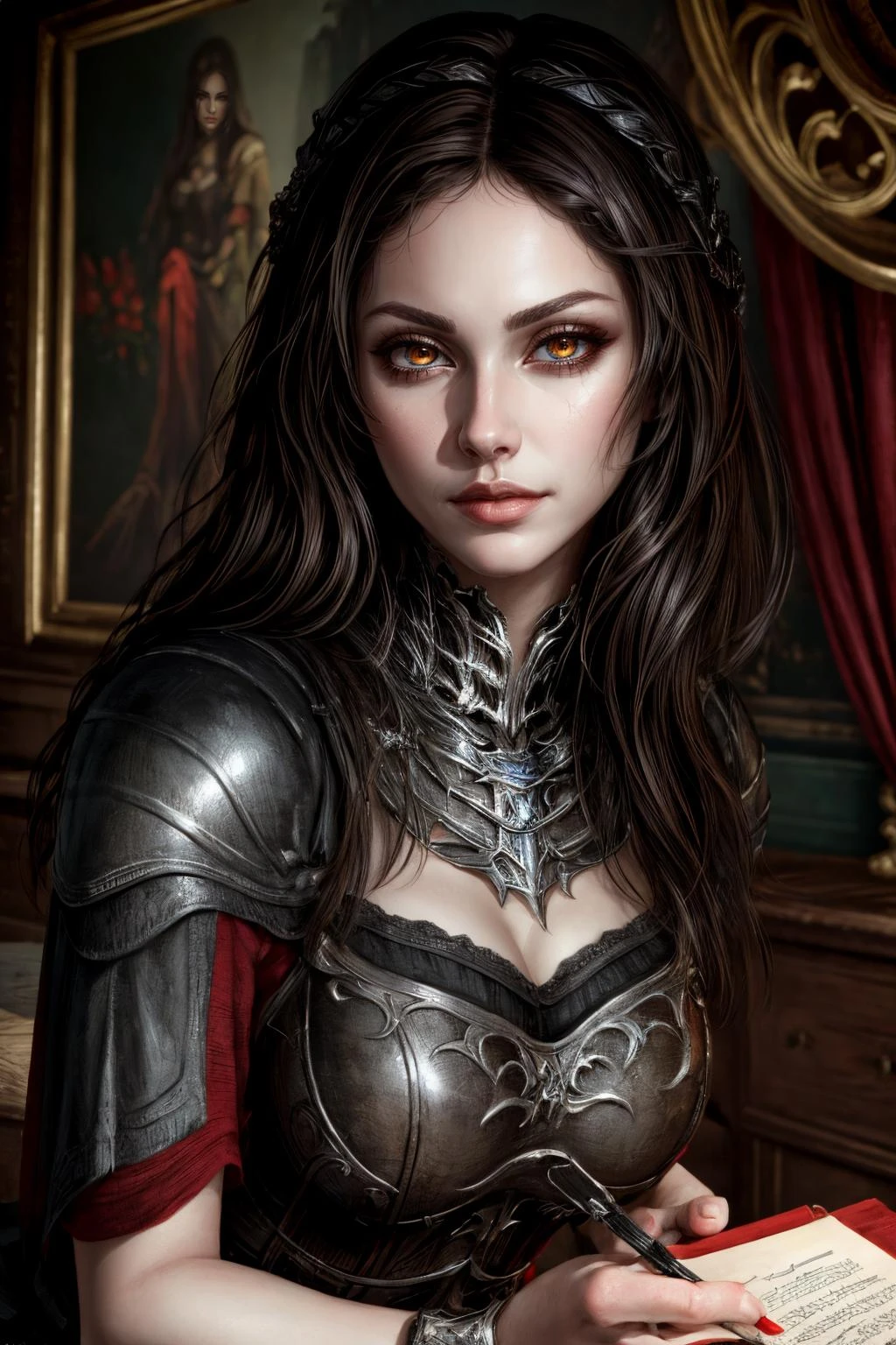 Highly detailed, High Quality, Masterpiece, beautiful, full body, Oil painting portrait of <lora:Serana-10:0.6>, Serana, <lora:more_details:1>, close-up,
