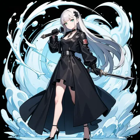 masterpiece, best quality, 1girl, solo, long hair, ted hair, looking at viewer, bangs, hair ornament, gloves, dress, holding, closed mouth, jacket, full body, green eyes, weapon, long sleeve, black gloves, black footwear, white dress, arm up, high heels, single glove, splash art, black background