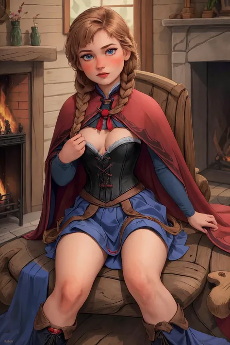 masterpiece, extremely detailed, (realistic:1.1), (3d:-1), 1girl, anna \(frozen\), (blue eyes:0.7), (black corset, red cape, brown skirt), sitting, spread legs, upskirt, (panties:1.1), log cabin, fireplace, <lora:Anna_character:0.6> <lora:iroiro_saturation:0.75> <lora:dollface:1>