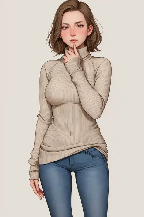 european woman, detailed skin, sweater, beige jeans, sweater tucked in, empty hands, simple background