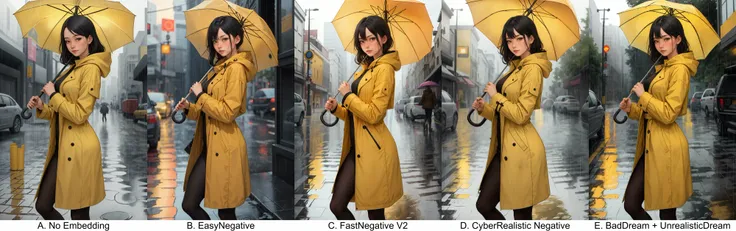 adult woman, detailed skin, black hair, yellow raincoat, holding umbrella, rain