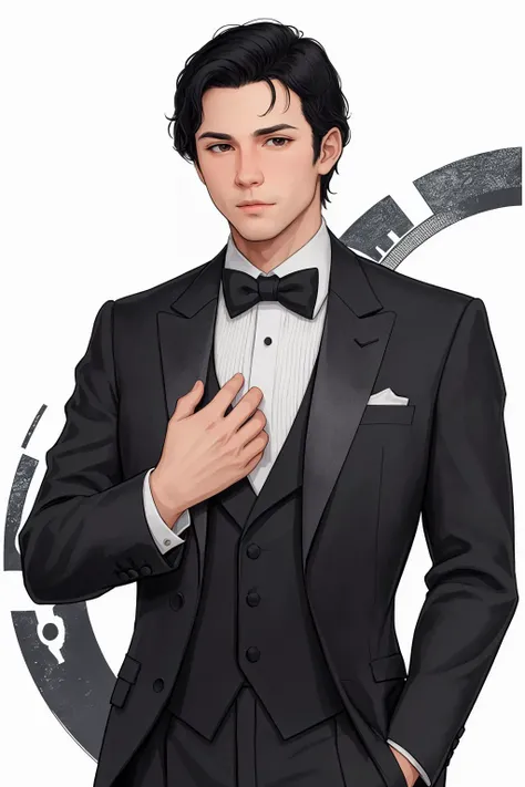 adult male, detailed skin, black hair, tuxedo, hands in pockets